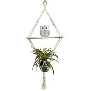 Lot of 2 Macrame Hanging Shelves with Plant Hanger Cream Boho Wood‎ Wall Decor